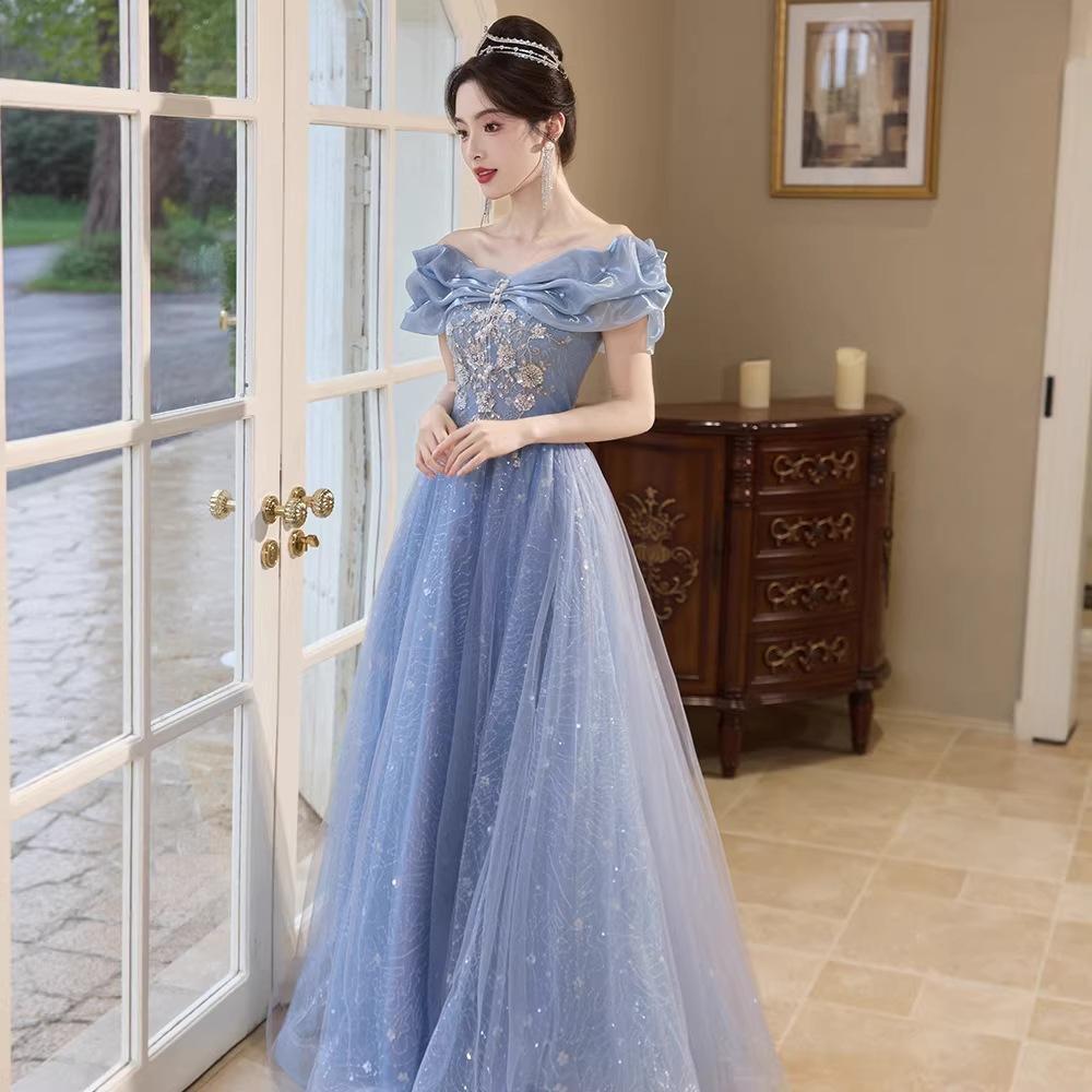 One-word shoulder blue evening dress skirt 1011 new banquet temperament light luxury niche host adult ceremony birthday dress