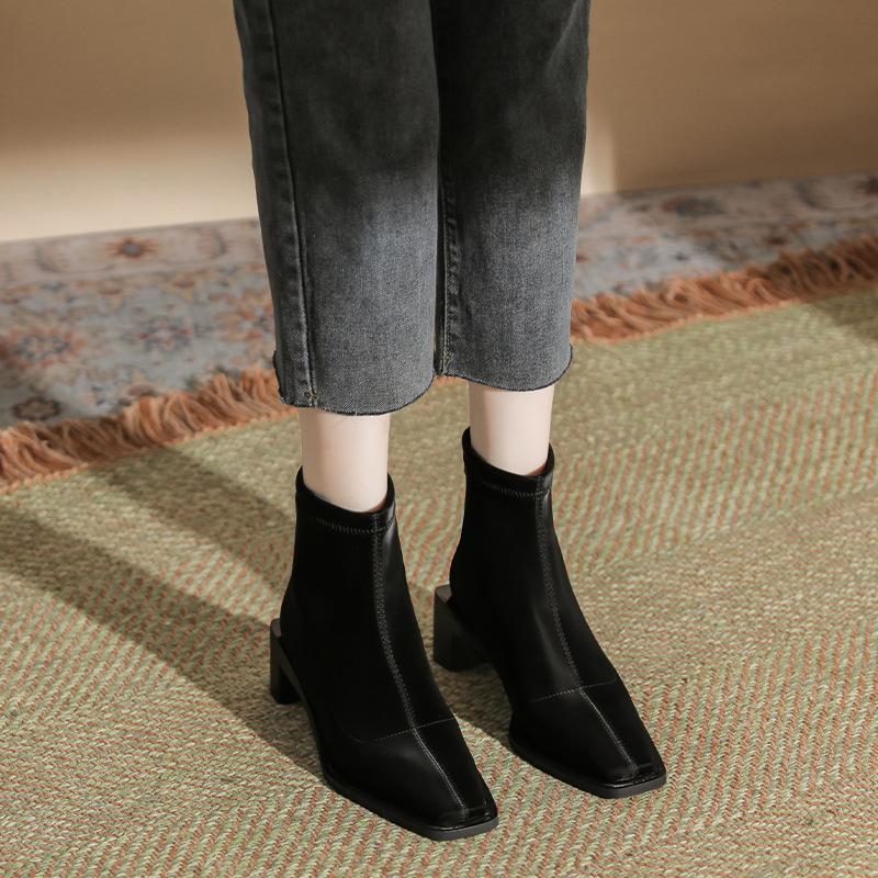 

H376-2 high mercerized suede thin medium tube short boots black thick heel autumn and winter zipper women s boots niche fashion boots 35