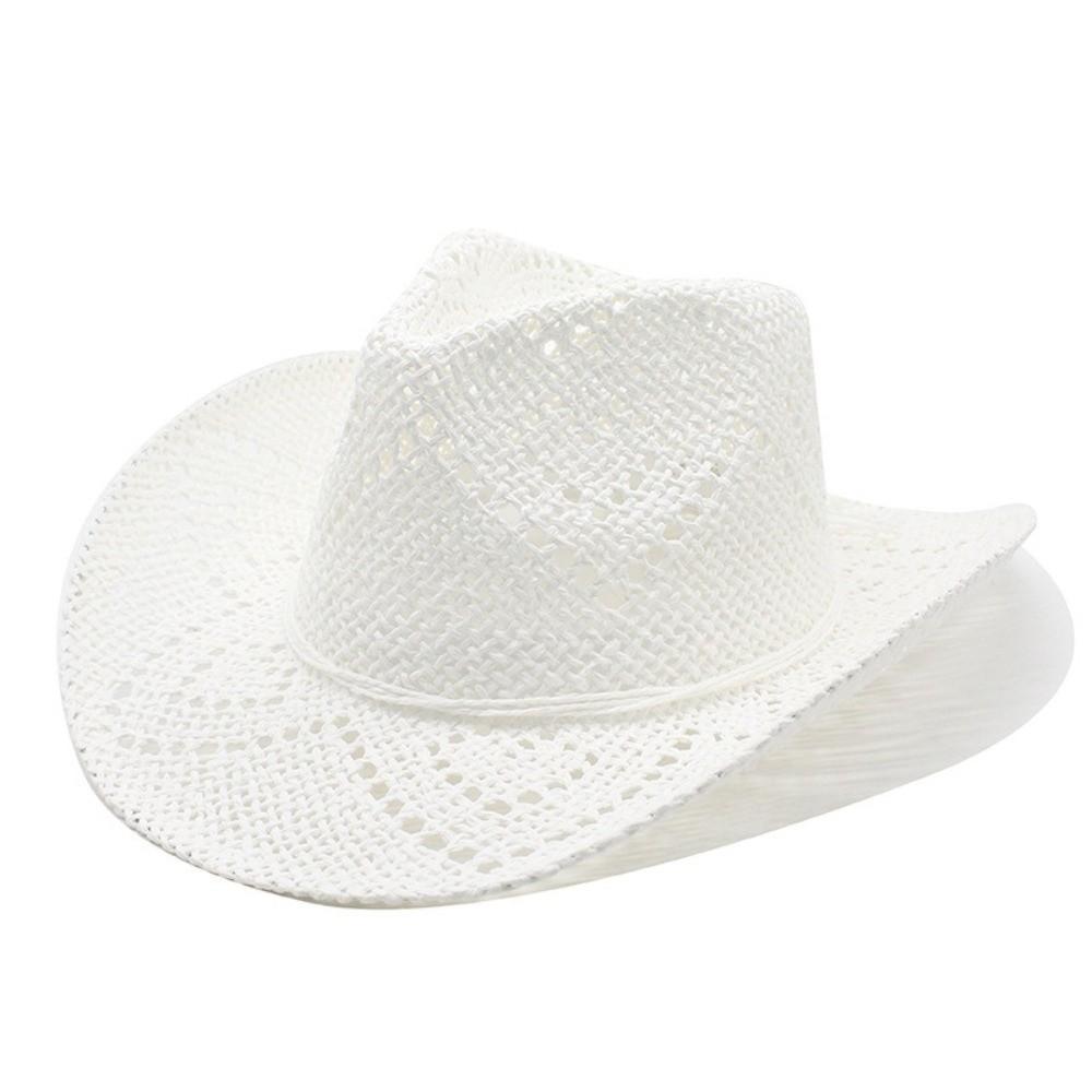 Curved Brim Sun Hat Hand-Weave Panama Hat Retro Straw Cowboy Hat  Beach Travel