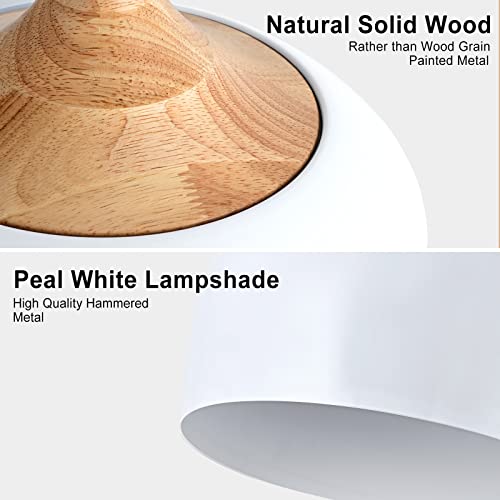 Modern Solid Wood Pendant Light with Dome Metal Shade - 11.8 Inch White Adjustable Hanging Fixture for Kitchen Island Dining Room Bedroom Hallway
