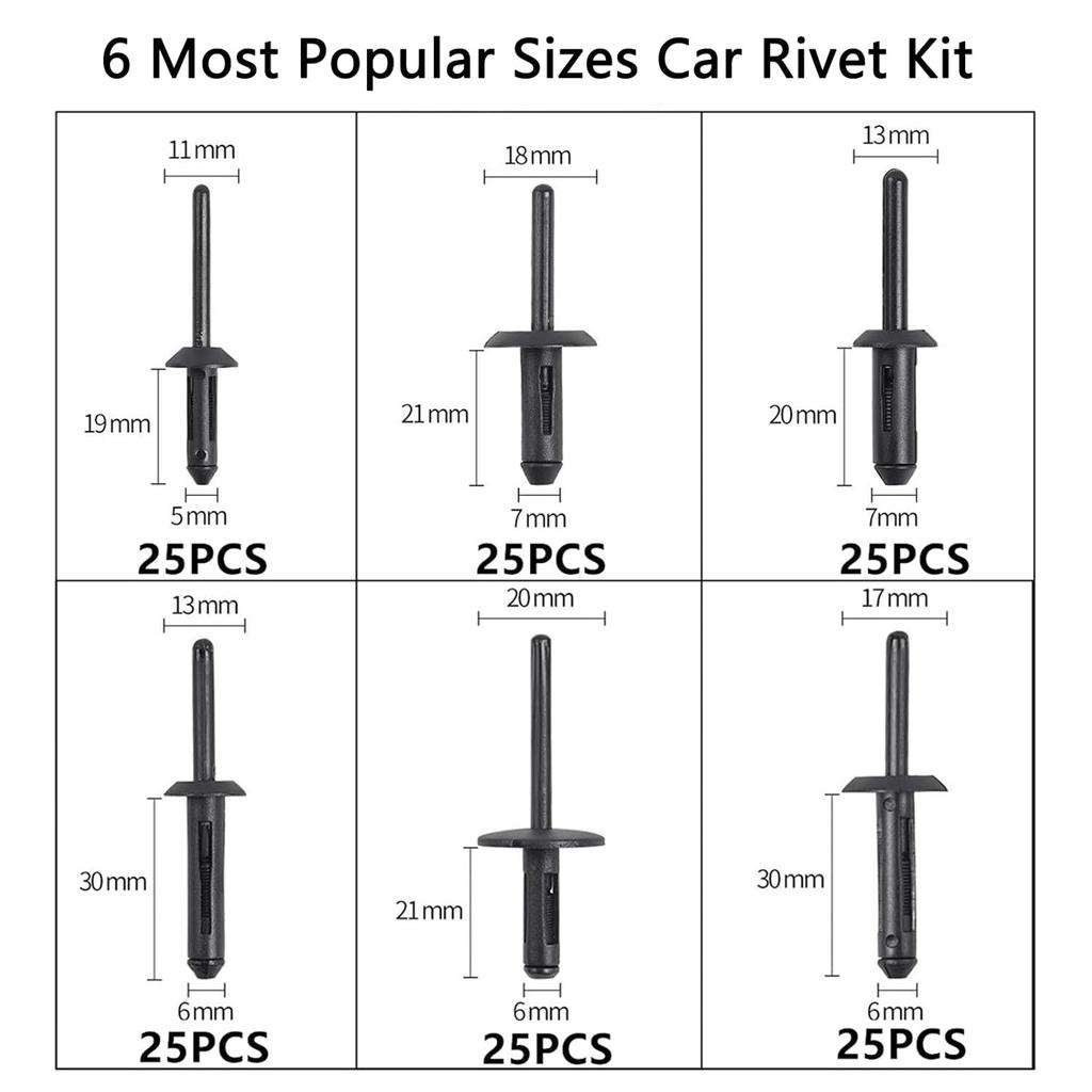 150Pcs Plastic Rivet Clip,Automotive Universal Nylon Pop Rivet Assortment,6 Most Popular Sizes Black Nylon Universal Rivet Kit,Replacement For GM