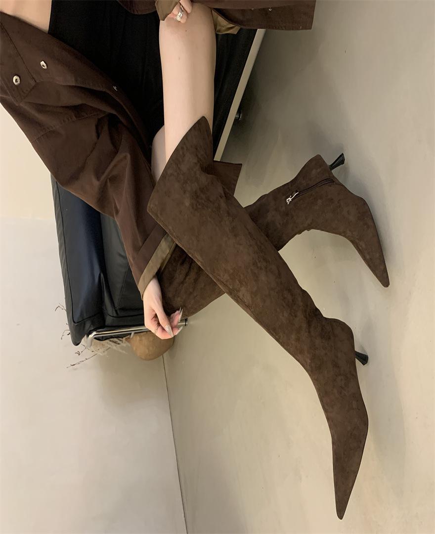 

Женские остроносые ботфорты на высоком каблуке, новинка осени 2025 года, французский хаки, на тонком каблуке, плиссированные ботфорты-чулки, ботфорты-рыцари 39 светло-коричневого