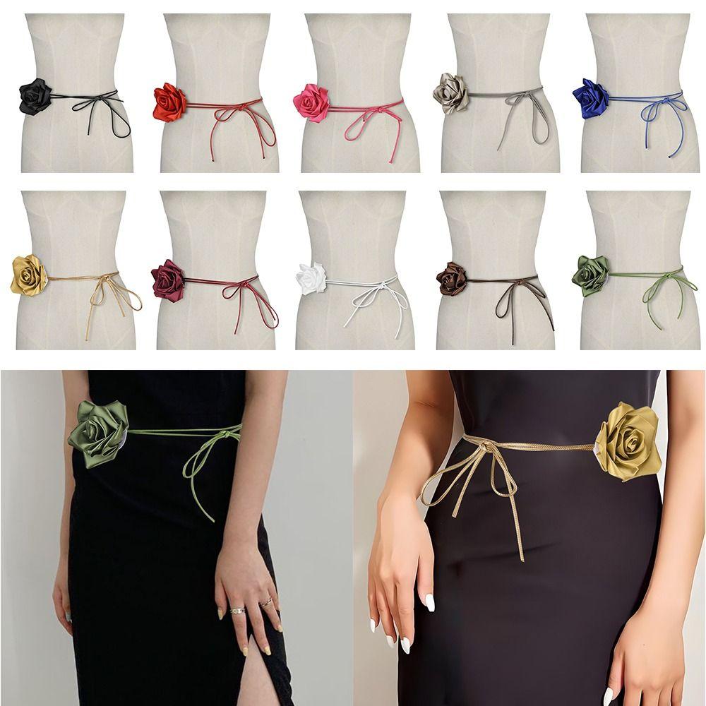 Decorative Rose Flower Rope Belts DIY Woven Waistband Strap Fabric Belt  For Women Lady Girl
