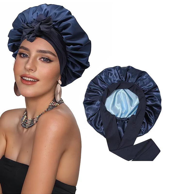 Women's Double-Layer Elastic Satin Sleep Cap - Wide Brim Hair Protection with Bow Ribbon