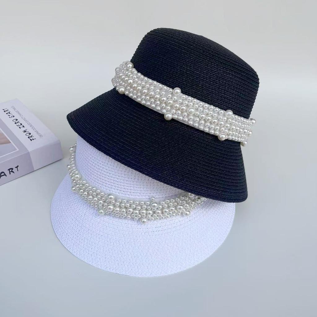 Internet Celebrity French Hepburn Style Flat Top Hat Women's Spring Summer Elegant Pearl Straw Hat Seaside Vacation Beach Sun Hat