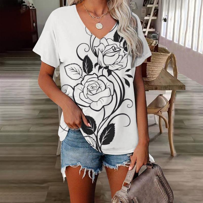 Blumen Damen V-Ausschnitt T-Shirt 3D-gedruckt Retro-Mode Casual bedruckte kurzärmlige Kleidung