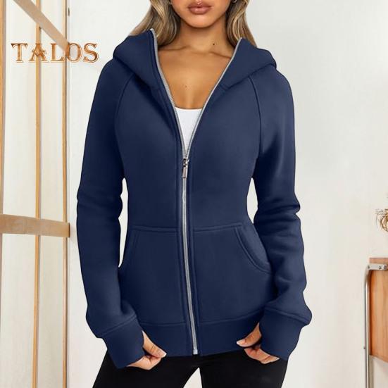 Lady Hoodie Jacket Plush-lined Solid Color Zipper Closure with Pockets Elastic Cuffs And Hem Long Sleeves Cardigan Casual Daily Coat