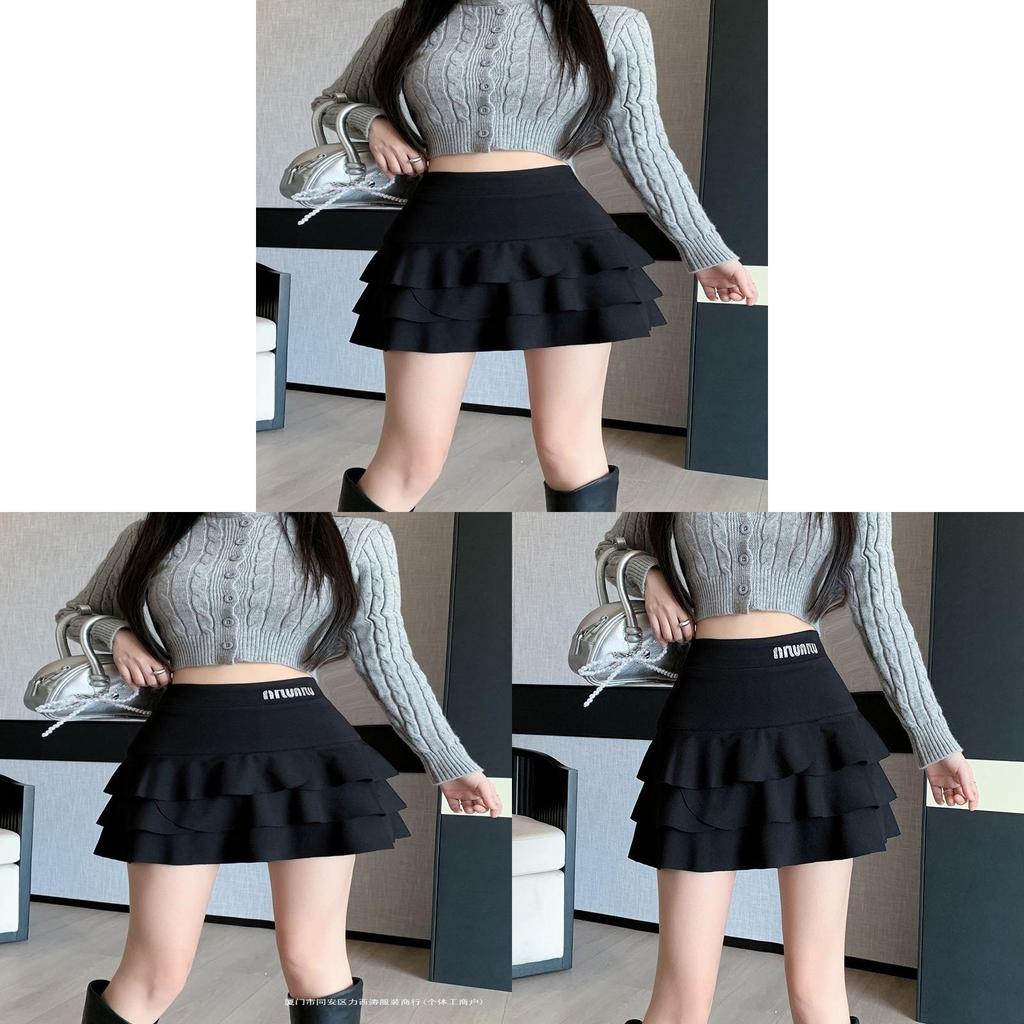 Cotton Blended High Waist Cake Skirt With Ruffle Details For Autumn Winter Fashion