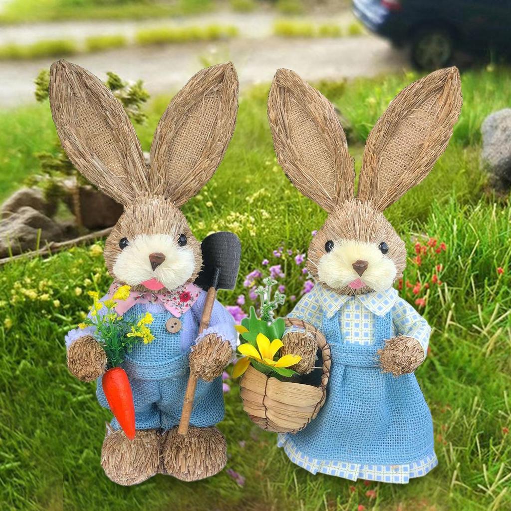 1 Pair Straw Woven Bunny Figurine Easter Sculpture Easter Theme Party Supplies Desktop Garden Party Favors Doll Ornament