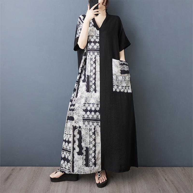 

DIMANAF Women Summer New 2025 Plus Size Dress Casual V-Neck Loose Spliced Floral Long Dress Vintage Dress Maxi One Size чёрный