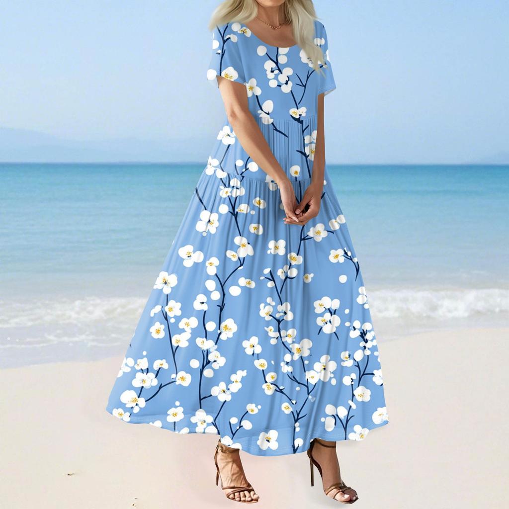 Women's Summer Casual Floral Print Short Sleeve O Neck High Waist A Line Tiered Flowy Boho Maxi Dress