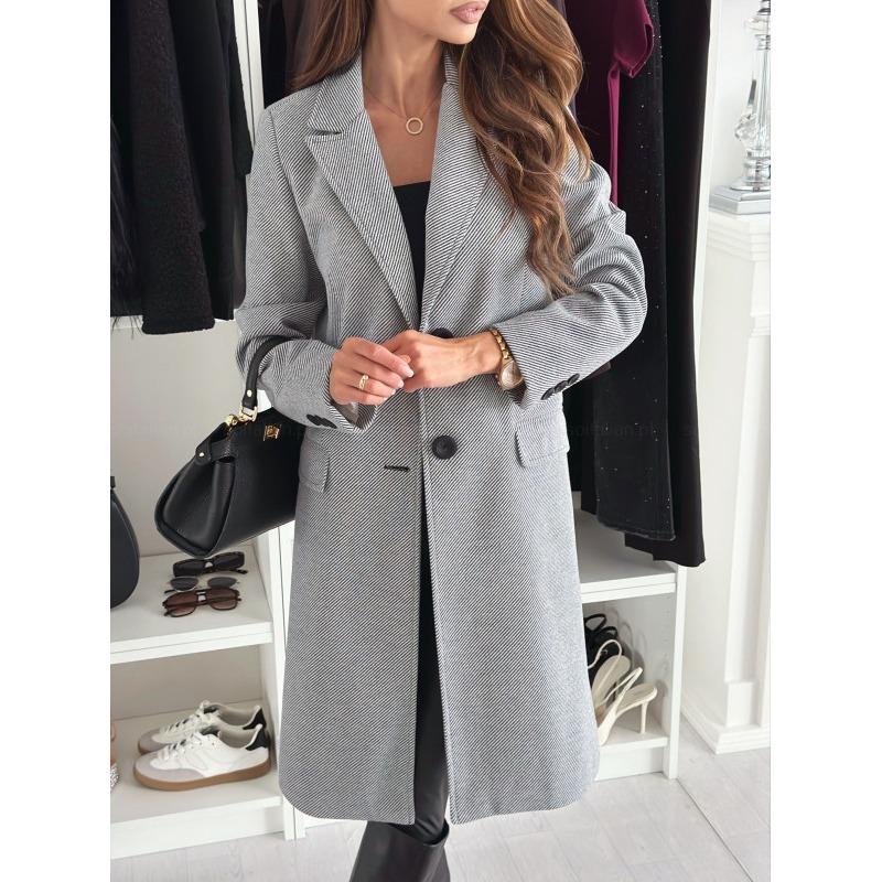 IHUASU Women's Vintage Casual Solid Color Print Autumn Winter Long Sleeve POLO Neck Jackets & Coats