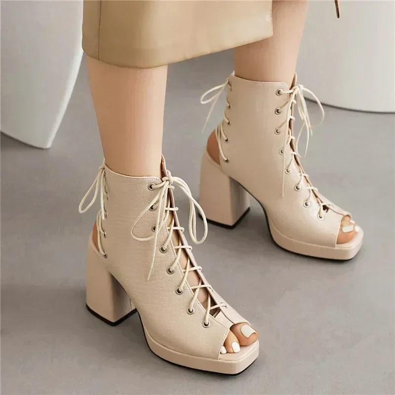Fashion Woman Gladiator Platform Sandals Sexy Dress Party Lady Red Black Patent Leather Peep Toe Lace Up High Block Heels Shoes