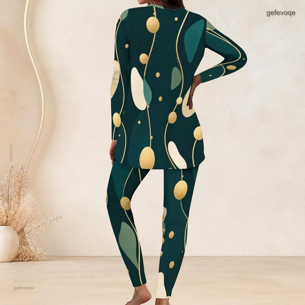 Women Plus Size Black Printed Round Neck Long Sleeve Longline Top Fitted Pants Two Piece Set