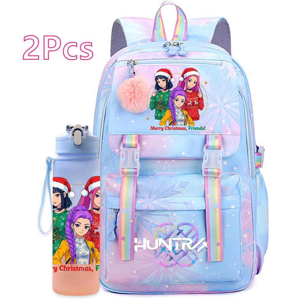 2Pcs/set Christmas K-pop Printed Backpack with 750Ml Water Bottler Large Capacity Travel Bag for Teenager Girl Boy Bookbag Kid Gift Large Capacity Bag