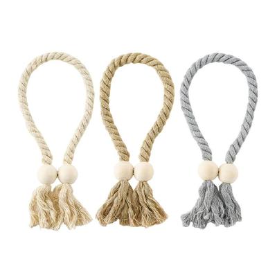 Confezione da 2 Fermacravatte per Tende in Corda di Cotone Magnetica con Nappe per Tende da Finestra con Perline di Legno per Camera da Letto e Soggiorno