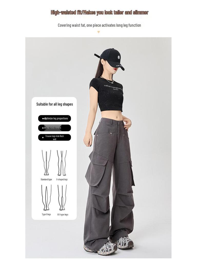 Women's Retro Multi-pocket Cargo Flare Pants - Cool, Loose Streetwear Pleated Style