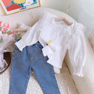Spring Lace Trim Girls' Long Sleeve Shirt - Turn-Down Collar