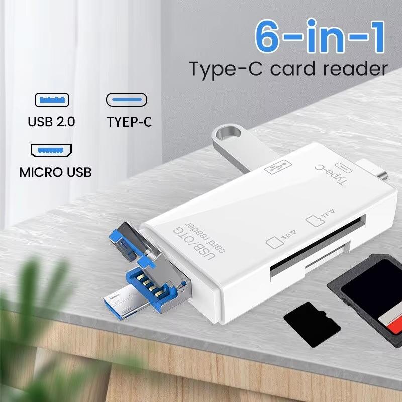Multifunction 6 In 1 OTG SD Card Reader USB2.0 Type-C/TF/SD Memory Card Smart Cardreader For Laptop PC Phone Accessories Adapter