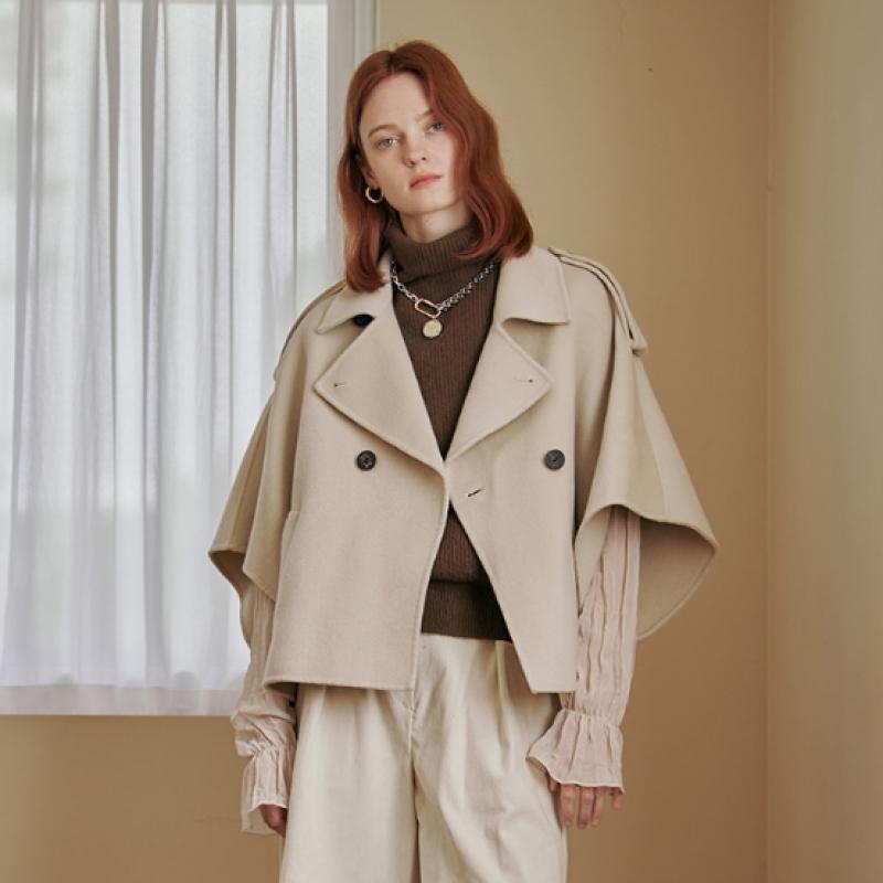 Maxza Double Breasted Handmade Wool Cape Coat Zd12hc013nh beige/FREE