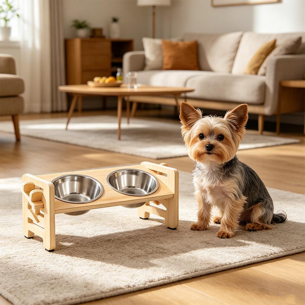 Wooden Cat Dog Bowls Double Stainless Steel Food Water Feeder Neck Protection Raised Stand Pet Feeding Dishes for Small Pets