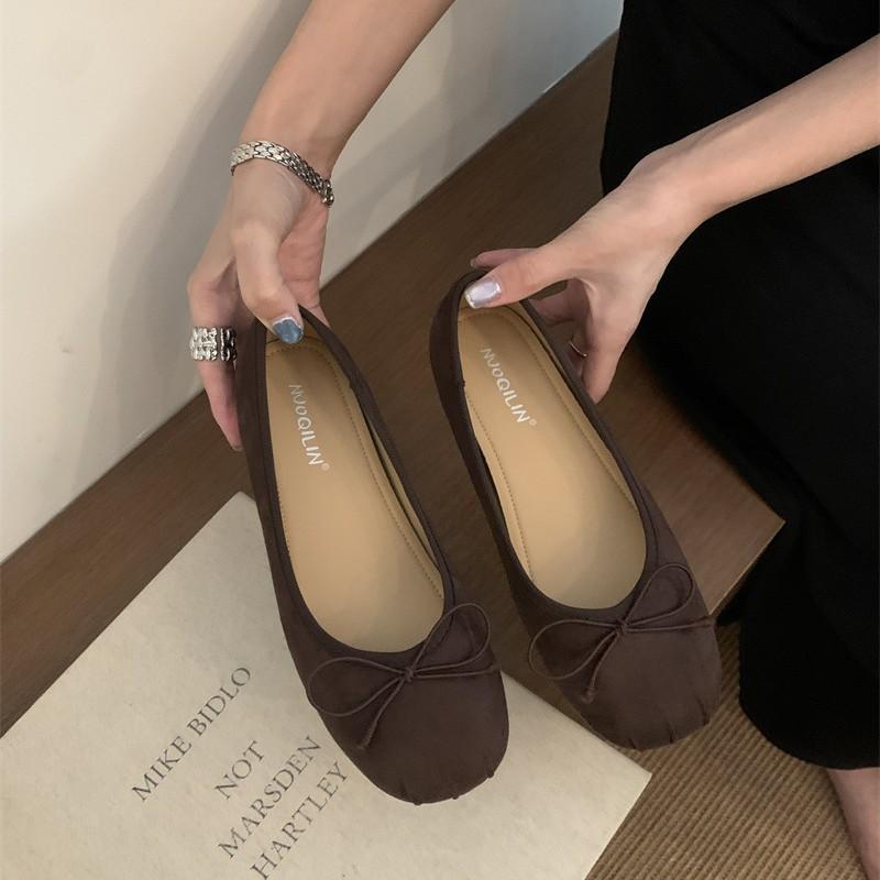 Flat-bottomed Suede Ballet Single Shoes Women's Shoes 2025 New Bow Red Evening Shoes