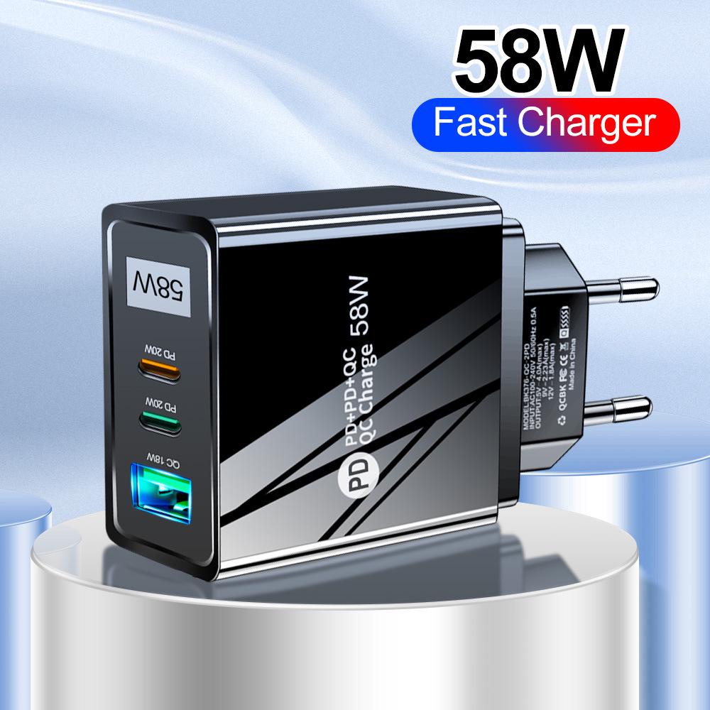 58W Fast Charging USB + Dual PD Travel Charger with EU/US/UK/KR/AU Plug, Type-C Compatible