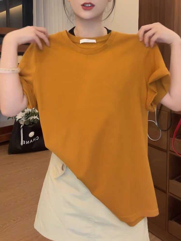 Damen Gelbes Baumwoll-Kurzarm-T-Shirt, Neu für 2026—Modisches, Vielseitiges, Elegantes und Altersmilderndes Sommeroberteil