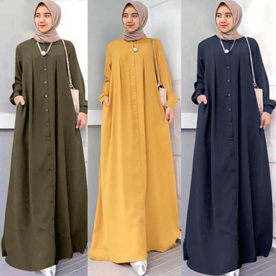Button Front Kaftan Robe Long Sleeve Shirt Pocket Women Maxi Dress  Robe Middle Eastern Models Muslim Style Modest Clothing Autumn