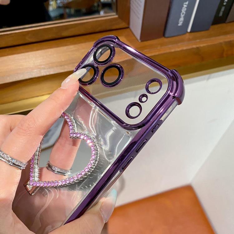 Heart-shaped Mirror Electroplated TPU + Acrylic Phone Case with Holder