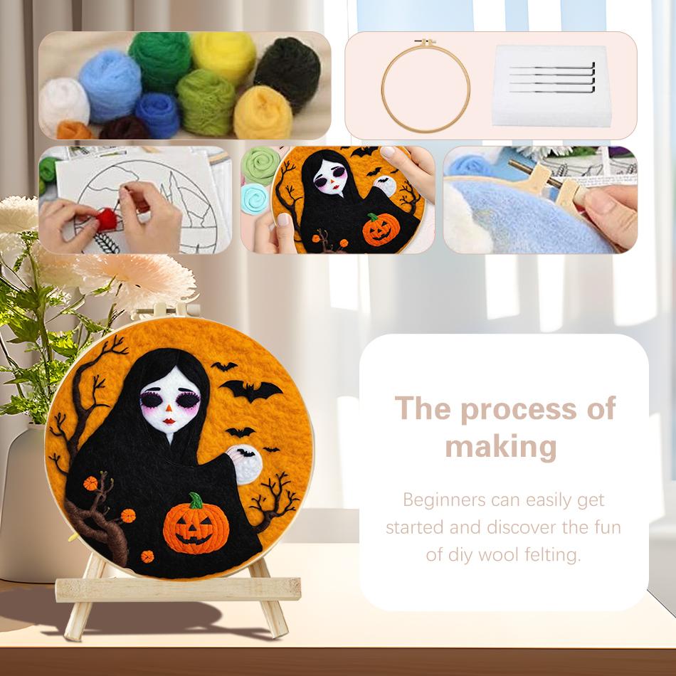 CHENISTORY Painting DIY Wool Embroidery Kit Creative Halloween DIY Wool Needle Felt Picture Craft Painting Gift Felt Needlework