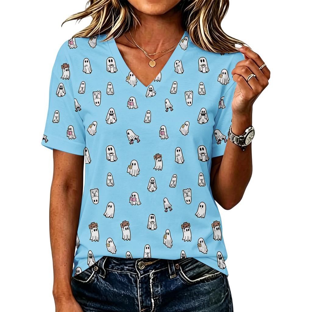 Women's Halloween Print V-Neck Short Sleeve Casual Top for Festive Occasions