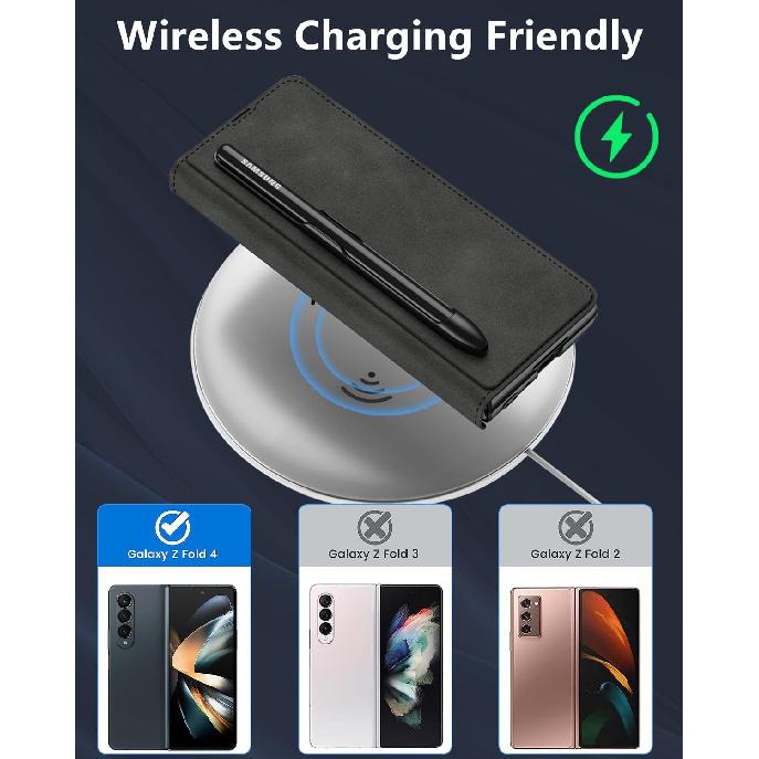 for Samsung Galaxy Z Fold 4 Case [with S Pen Holder & Card Holder][Kickstand for Full Screen Viewing][Wireless Charging Protective Cover] Slim PU