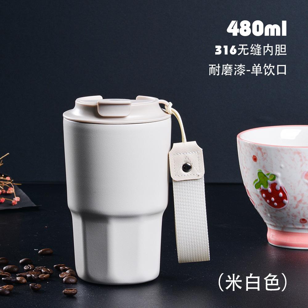 480ml 316 Stainless Steel Insulated Coffee Tumbler with Strap, Leakproof Vacuum Travel Mug for Hot Cold Drinks