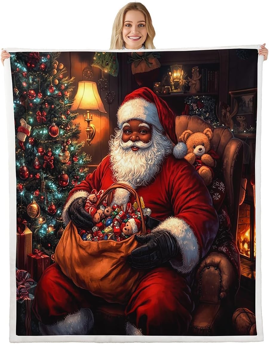 Christmas Fleece Throw Blanket - Xmas Theme Sherpa Throw for Bed  Black African American Santa Claus Plush Bear Fuzzy Blanket 75X95CM