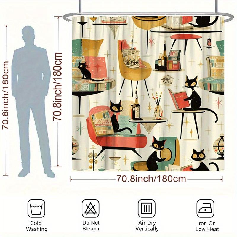 Elegant Retro Cats And Geometric Shapes Waterproof Shower Curtain – Perfect For Adding A Fun And Vintage Touch To Your Bathroo