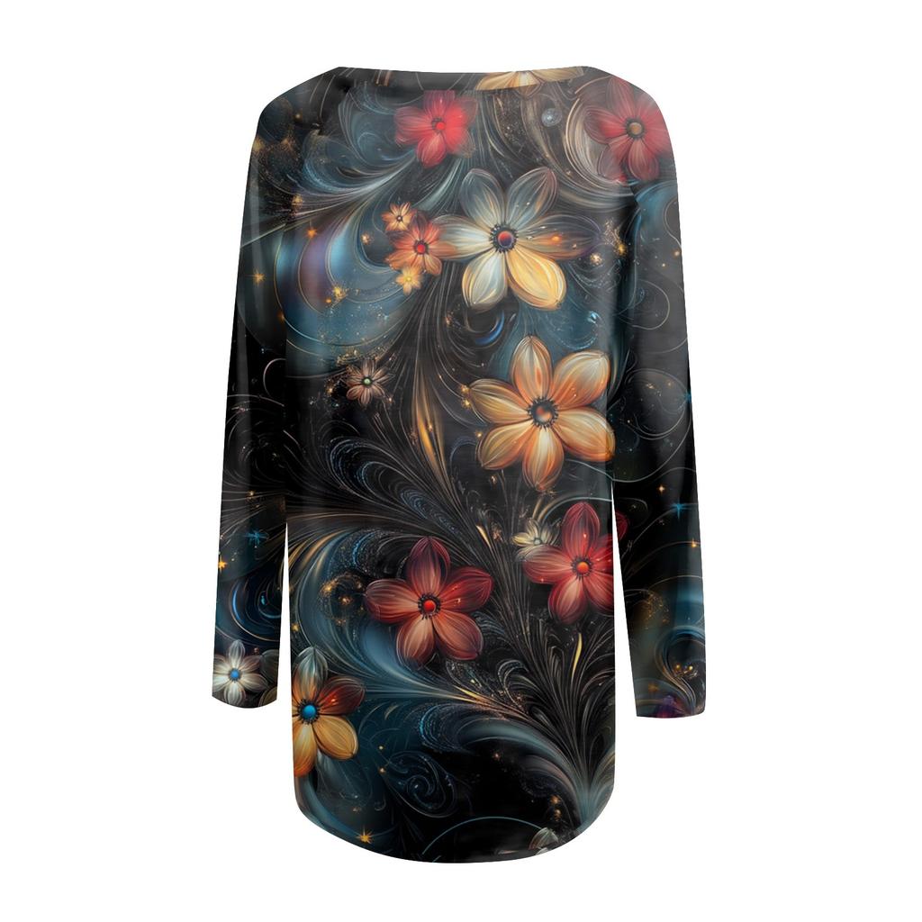 Women's Fashion Casual Long Sleeve  Print Round Neck Pullover Top Blouse