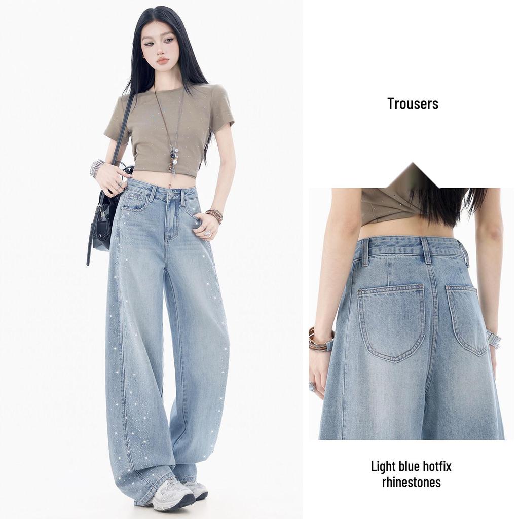 2026 Women's Rhinestone Wide-Leg Jeans: Loose, Slimming, High-End Floor-Length with Concealing Design for Spring/Autumn