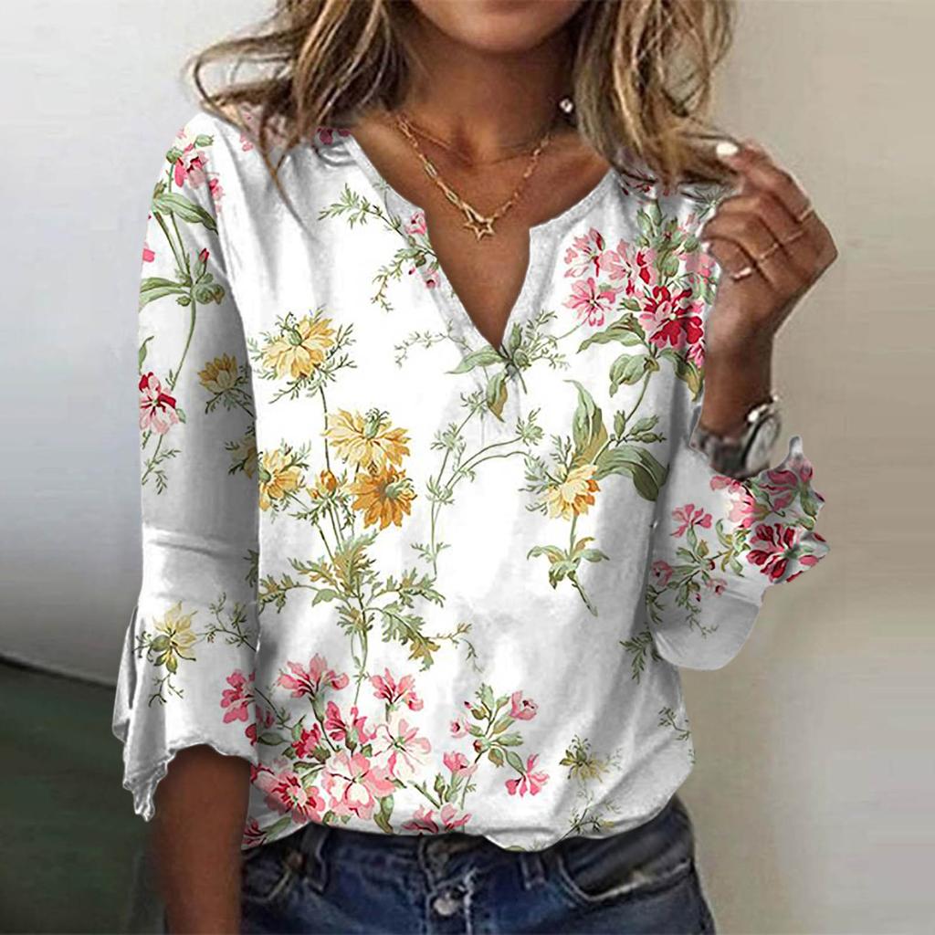 Women's Fashion V-Neck Print 3/4 Sleeves Print T-Shirt Slim Top Casual Tops