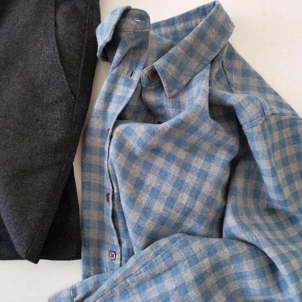 Women's Blue-Gray Plaid Brushed Shirt Jacket - Casual, Versatile Autumn/Winter Layer with High-End Feel