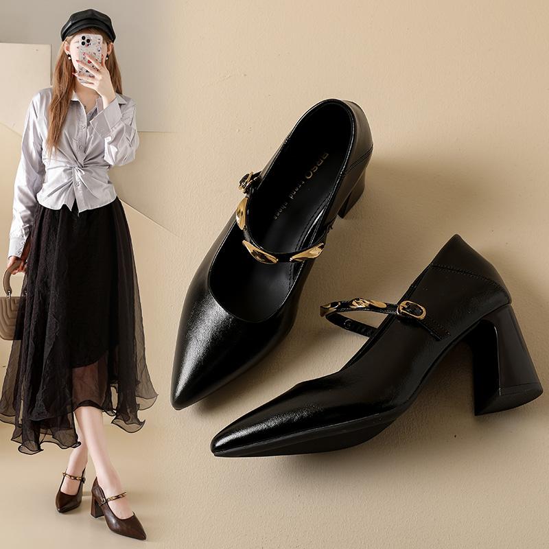 Fashion A new French pointed-toe, chunk-heeled single shoe for women, featuring a retro metal one-shoulder strap and a shallow opening