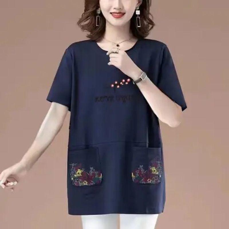 Long Length Pure Cotton Short-Sleeved T-shirt for Women Summer New Arrival Loose Plus Size Middle-Aged Ladieswear Loose Tummy Hiding Slimming Tops