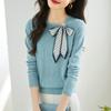 French Style Fashion Sping Autumn New Sweaters Women O-Neck Bow Lacing Small Scarf Temperament Long Sleeve Pullovers Knitted Top