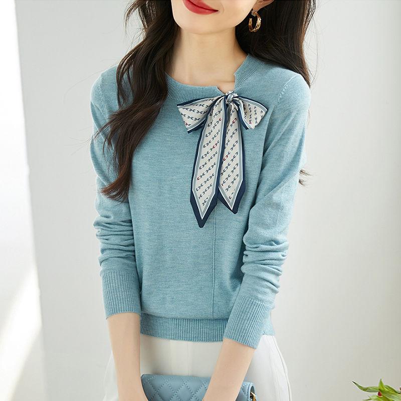 French Style Fashion Sping Autumn New Sweaters Women O-Neck Bow Lacing Small Scarf Temperament Long Sleeve Pullovers Knitted Top