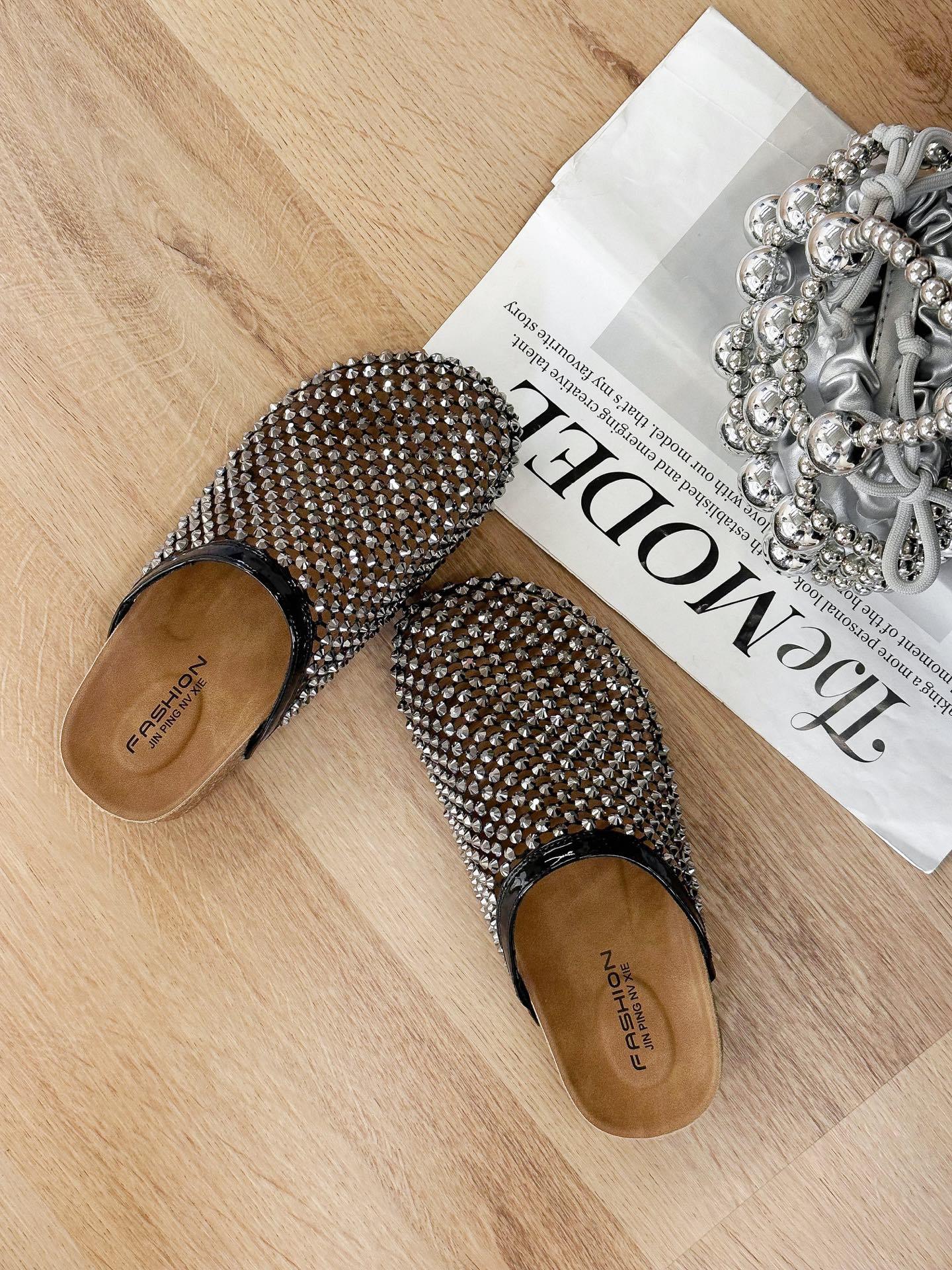 

2025 summer rhinestones full diamonds fishing net baotou big head baotou half slippers sandals toboken shoes flat women s shoes 35