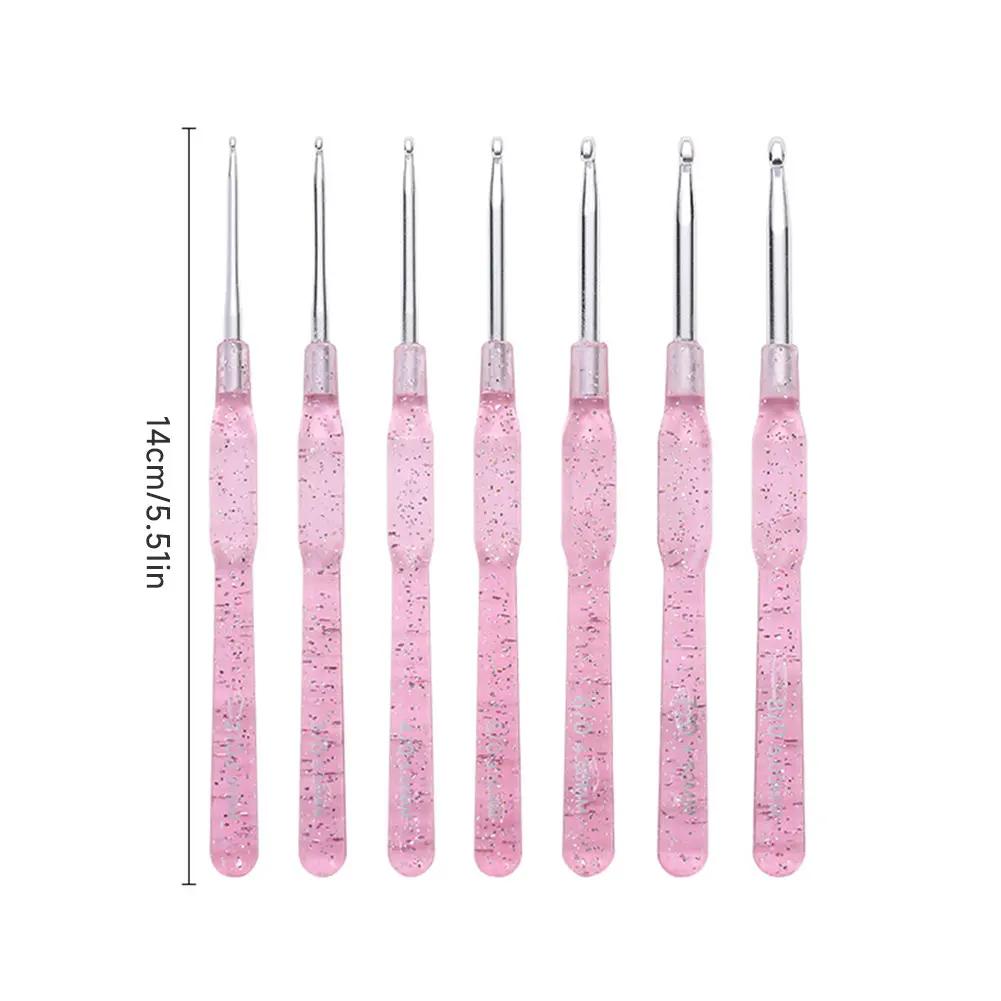 Handmade Weaving Craft Tools 7Pcs Colorful Clear Handles Aluminum Crochet Hooks Set 2.0-5.0mm Single Head DIY Knitting Needles