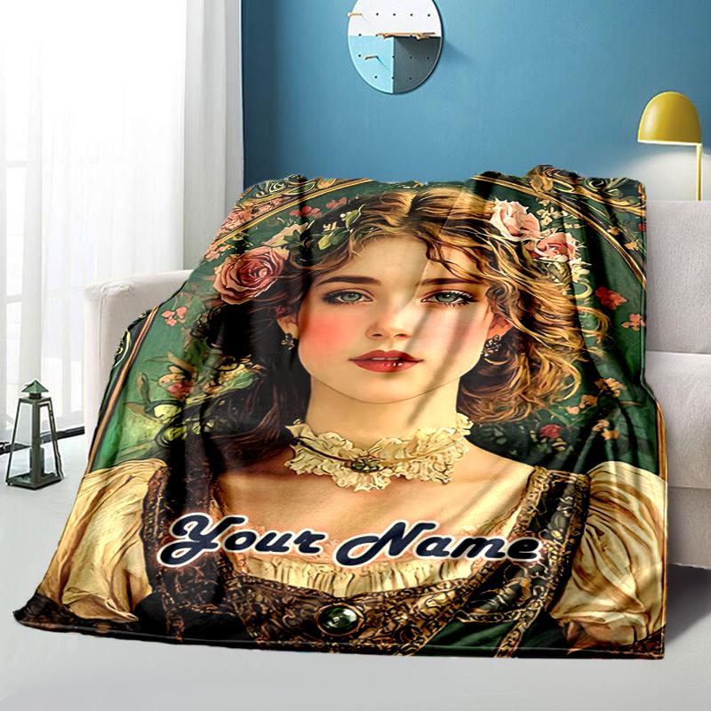 1PC Custom Name "Victorian Elegance Portrait" Flannel Blanket Versatile,all-season Throw Suitable for the Living Room,bedroom,camping,travel,and Gift