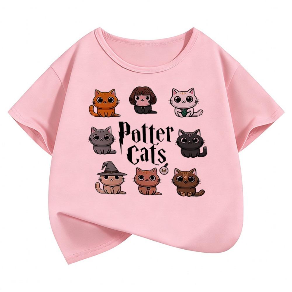 Potter Cat Graphic Kids Tshirts Summer Short Sleeve Tees Cartoon Animal Boys Girls Clothes Kawaii Tops Y2K Children T-shirt