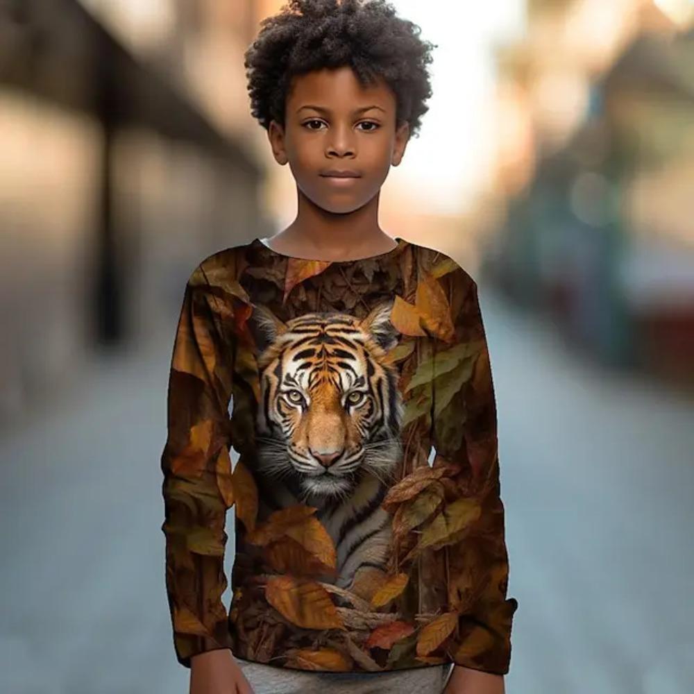 Children's Cute Animal Series 3D Digital Printed Boy Hip Hop Personality Round Neck Long Sleeved T-shirt