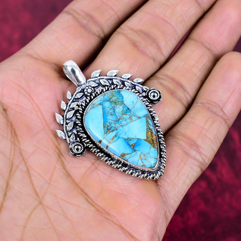 Blue Copper Turquoise Handmade Gemstone Pendant, 925 Solid Sterling Silver Pendant Antique Jewelry, For Engagement Gift